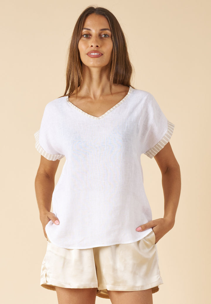 Martina Beige Stripes Contrast Linen T-Shirt