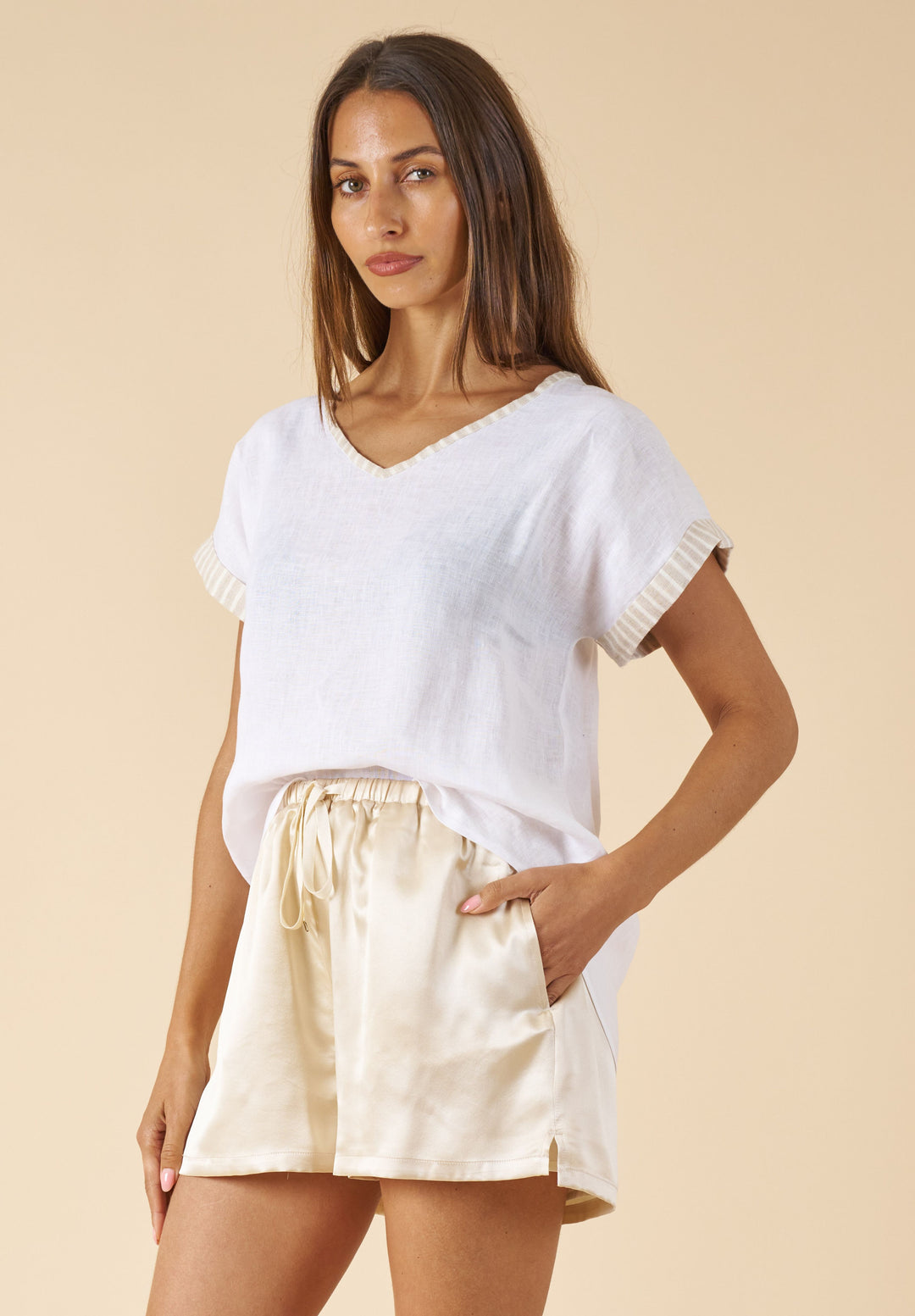 Martina Beige Stripes Contrast Linen T-Shirt