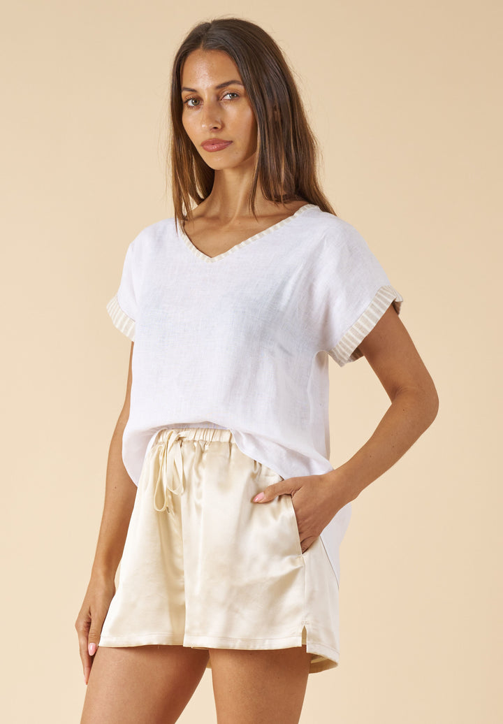 Martina Beige Stripes Contrast Linen T-Shirt
