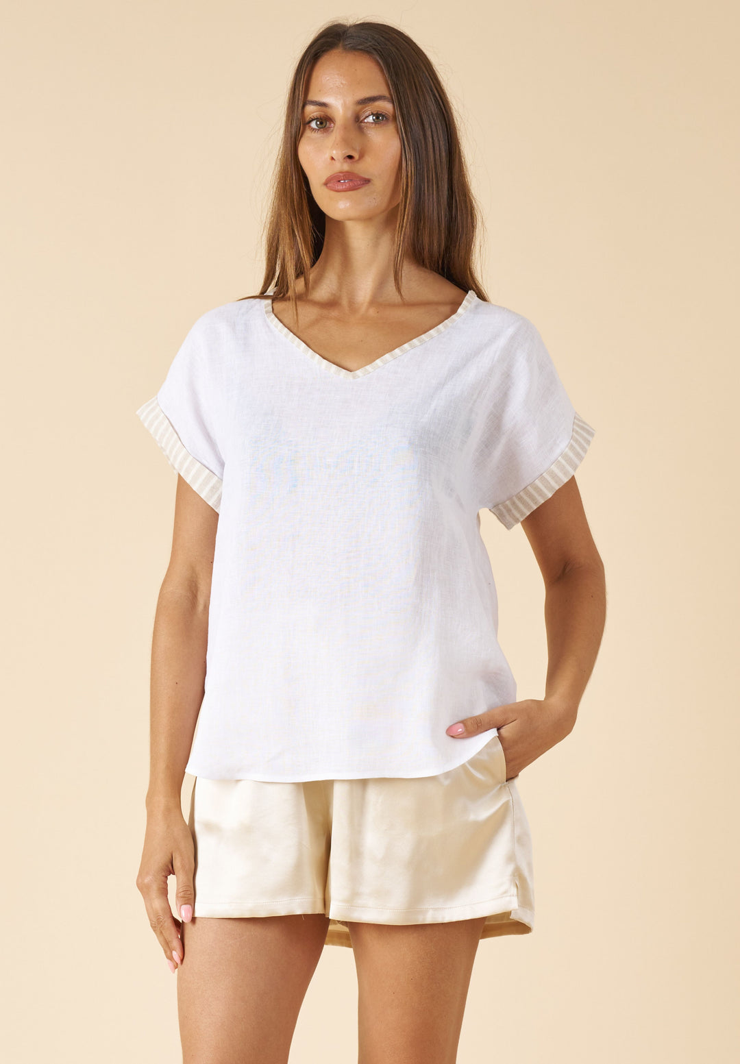 Martina Beige Stripes Contrast Linen T-Shirt