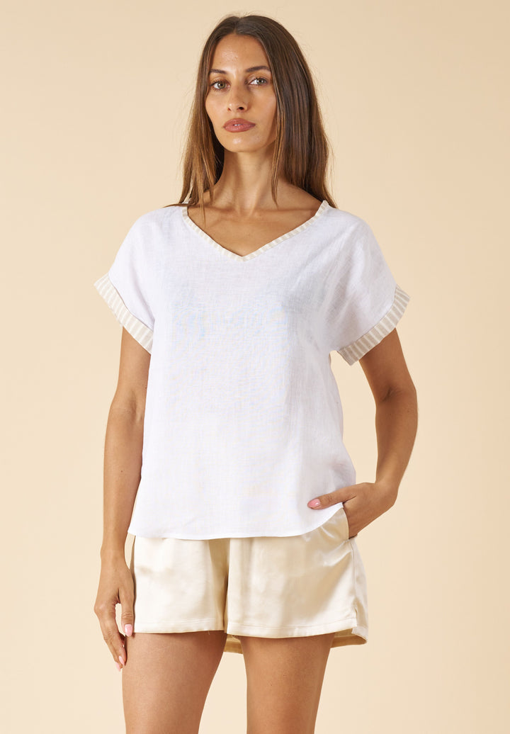 Martina Beige Stripes Contrast Linen T-Shirt
