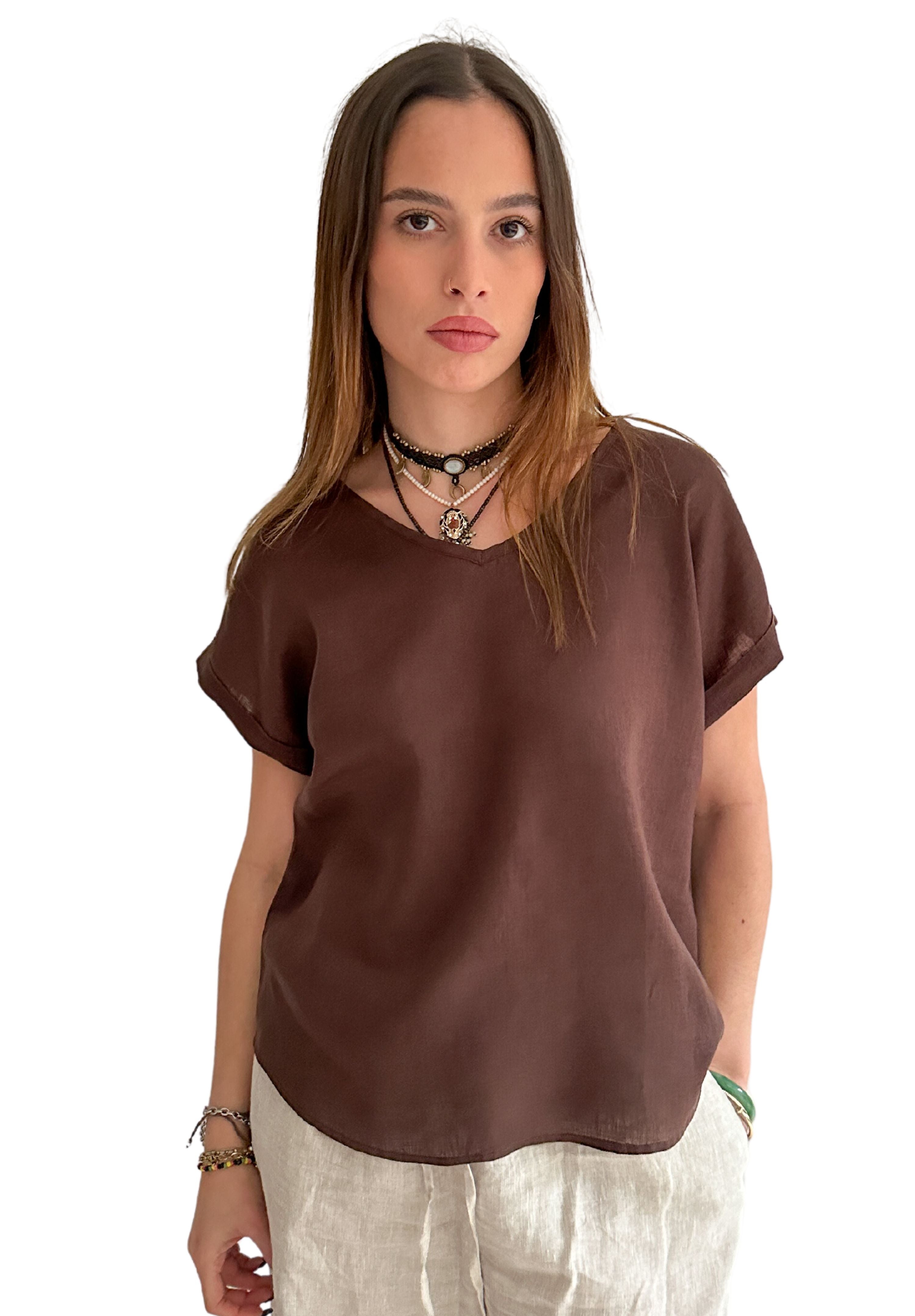 Martina Dark Chocolate Sand Washed Linen T-Shirt – CAMIXA