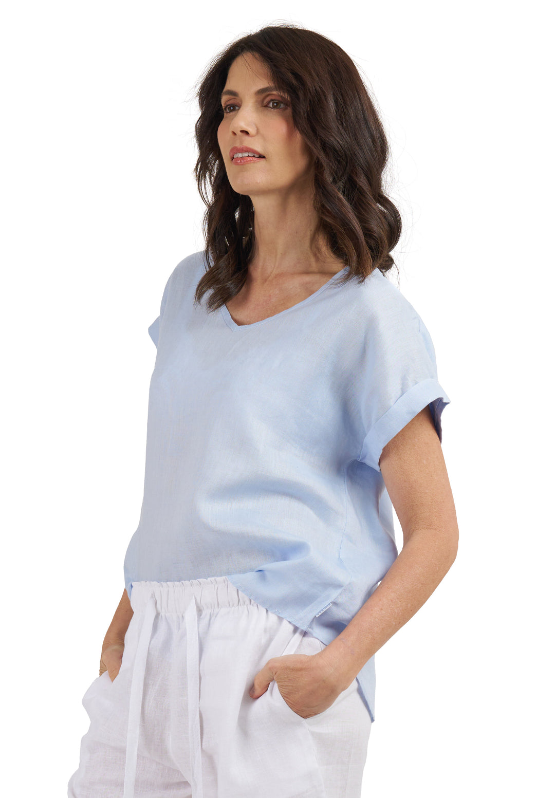 Martina Powder Blue Sand Washed Linen T-Shirt