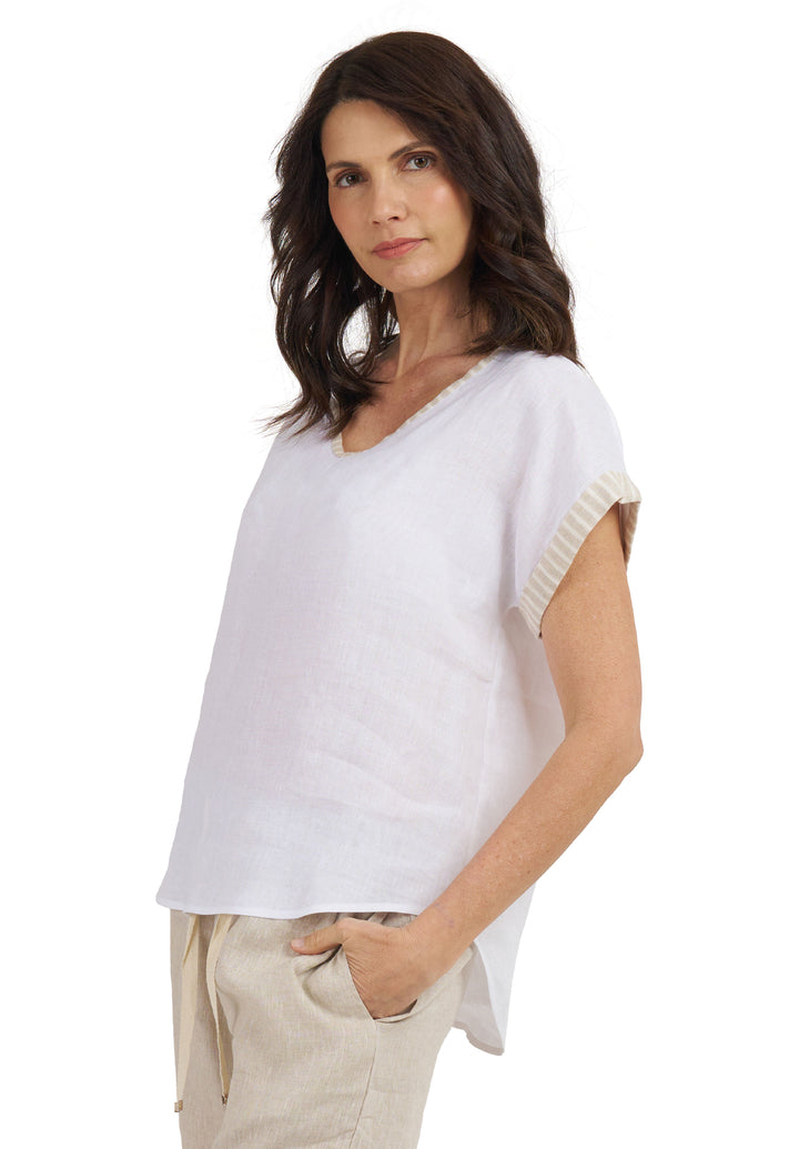 Martina Beige Stripes Contrast Linen T-Shirt