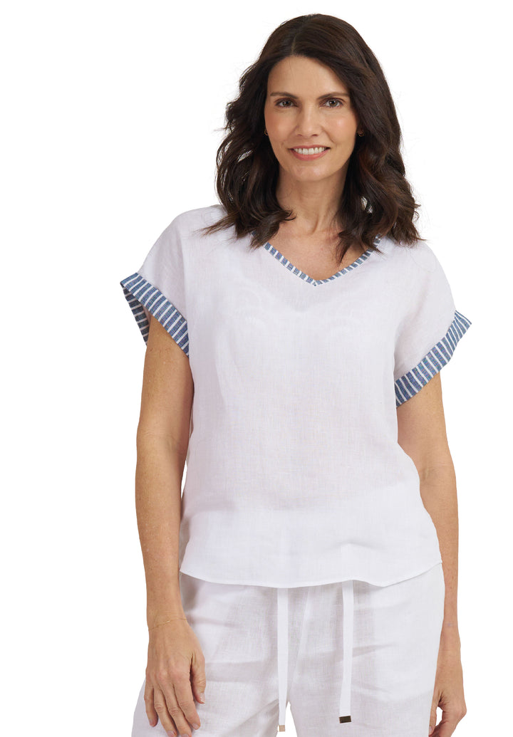 Martina Indigo Stripes Contrast Linen T-Shirt