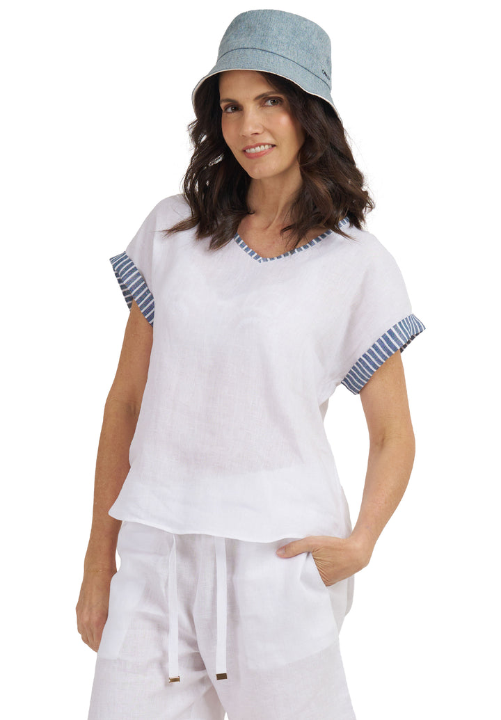 Martina Indigo Stripes Contrast Linen T-Shirt