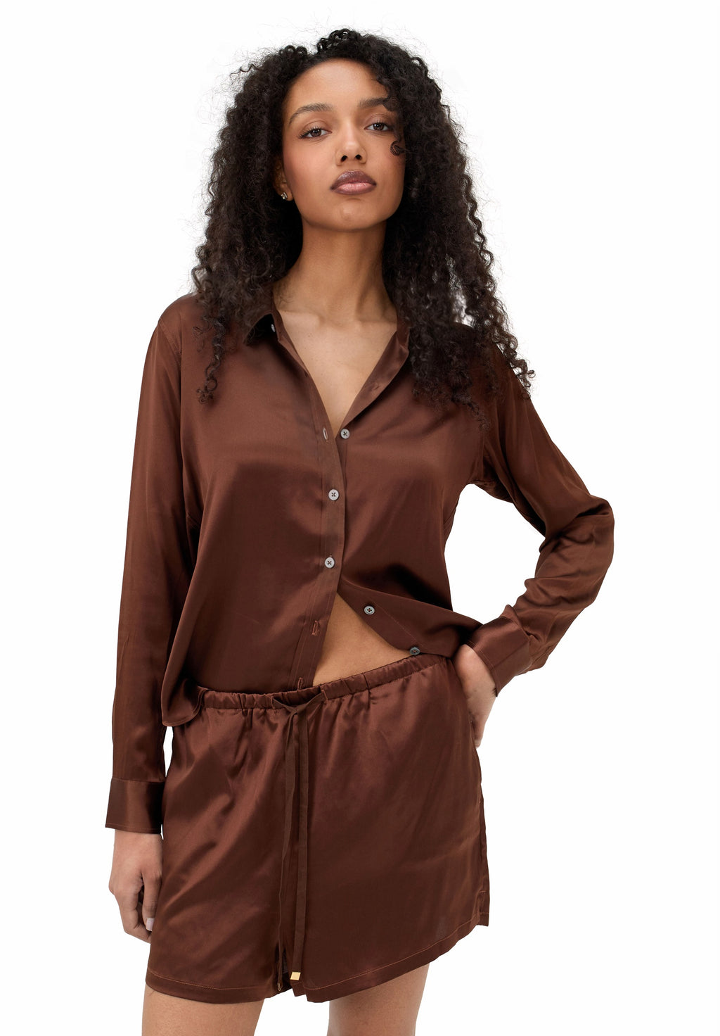 Satin-Silk Mocha Classic Charmeuse Silk Shirt