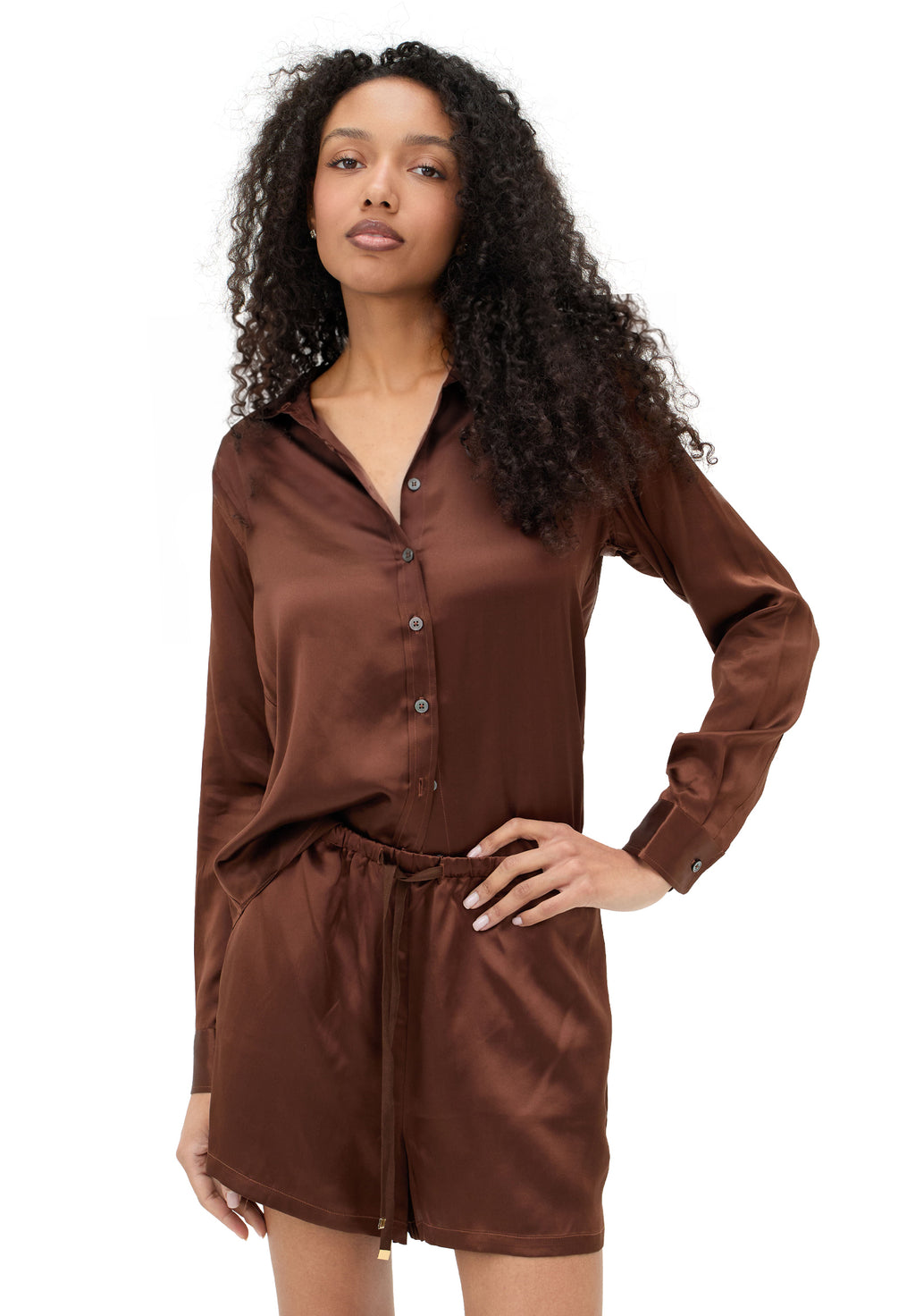 Satin-Silk Mocha Classic Charmeuse Silk Shirt