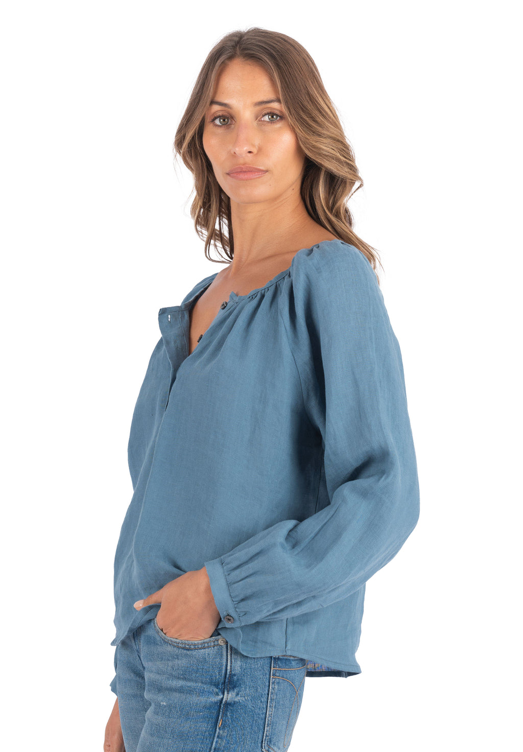 Poem Dusk Blue Peasant Linen Blouse