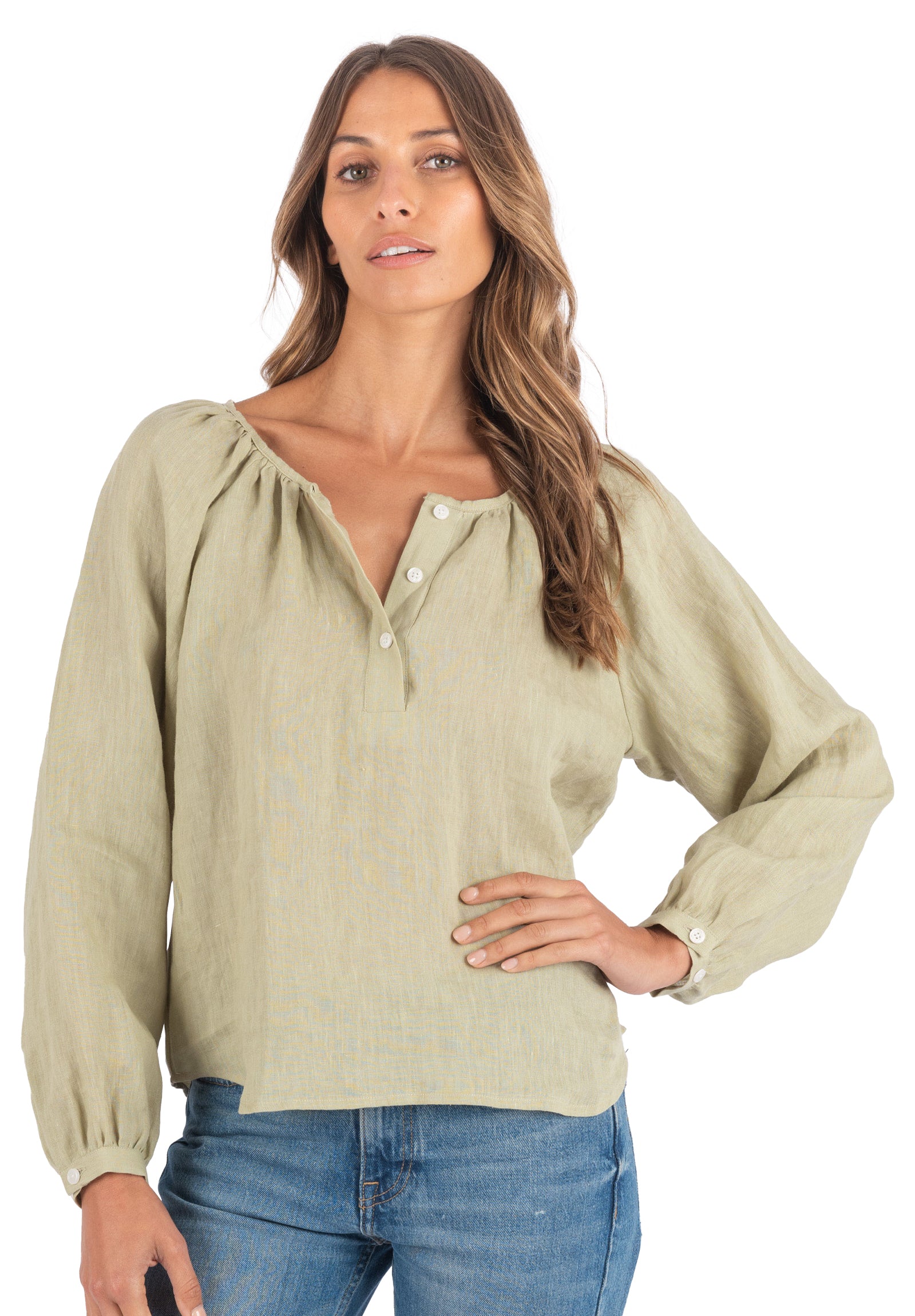 Poem Sage Green Peasant Linen Blouse – CAMIXA