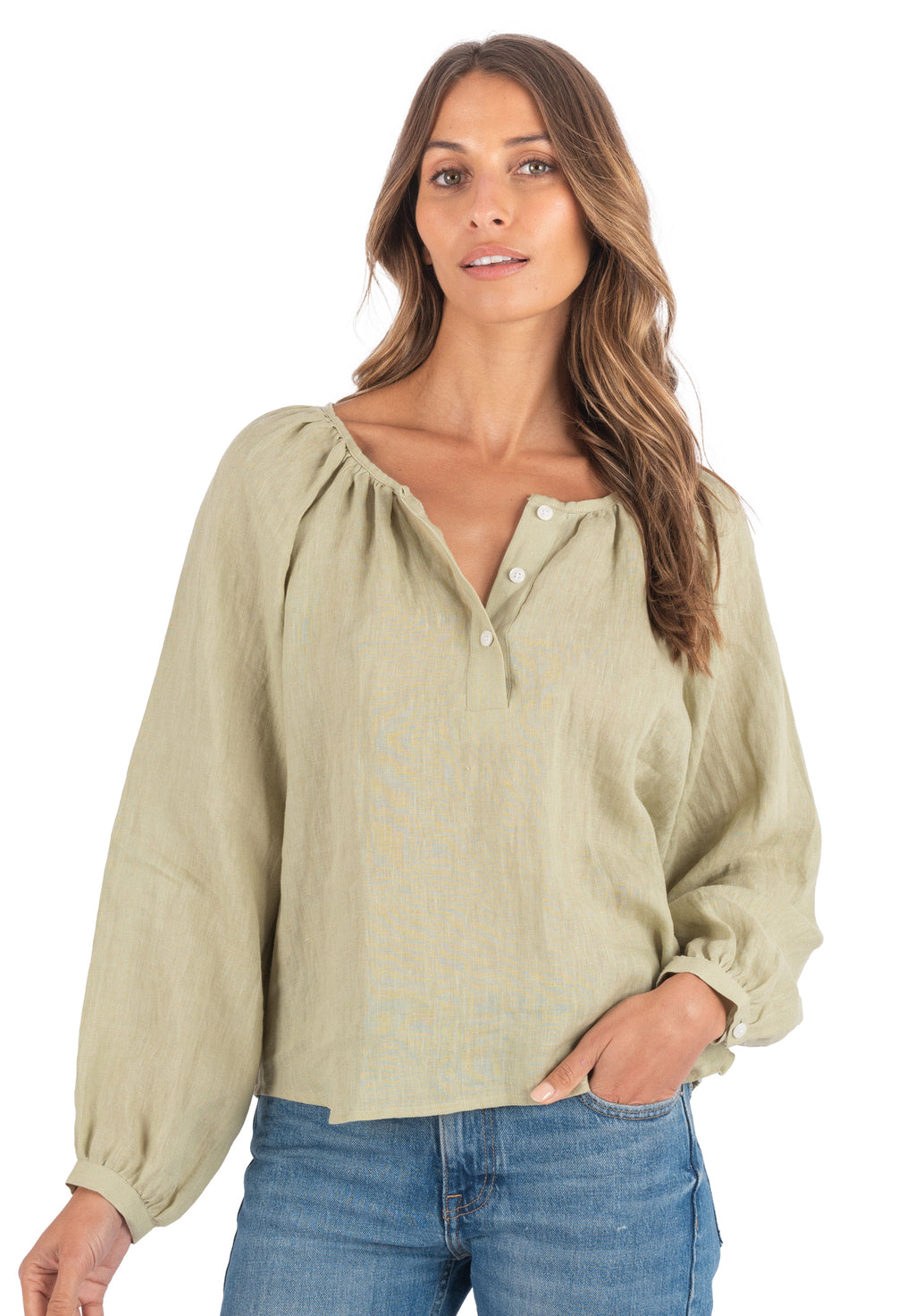 Poem Sage Green Peasant Linen Blouse
