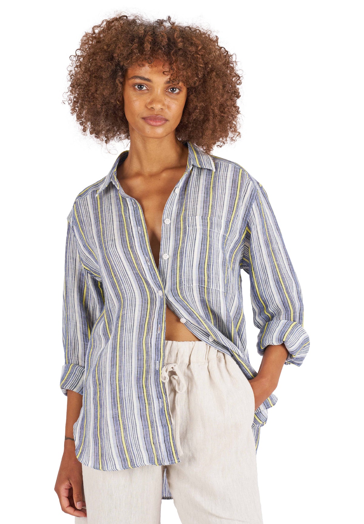 Poppy-Linen Blue Yellow Stripes Oversized Linen Shirt
