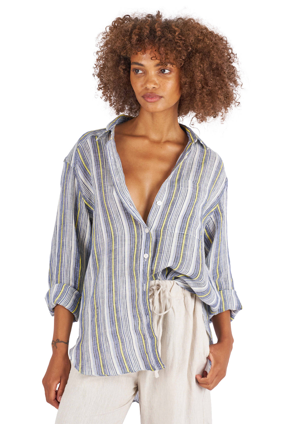 Poppy-Linen Blue Yellow Stripes Oversized Linen Shirt