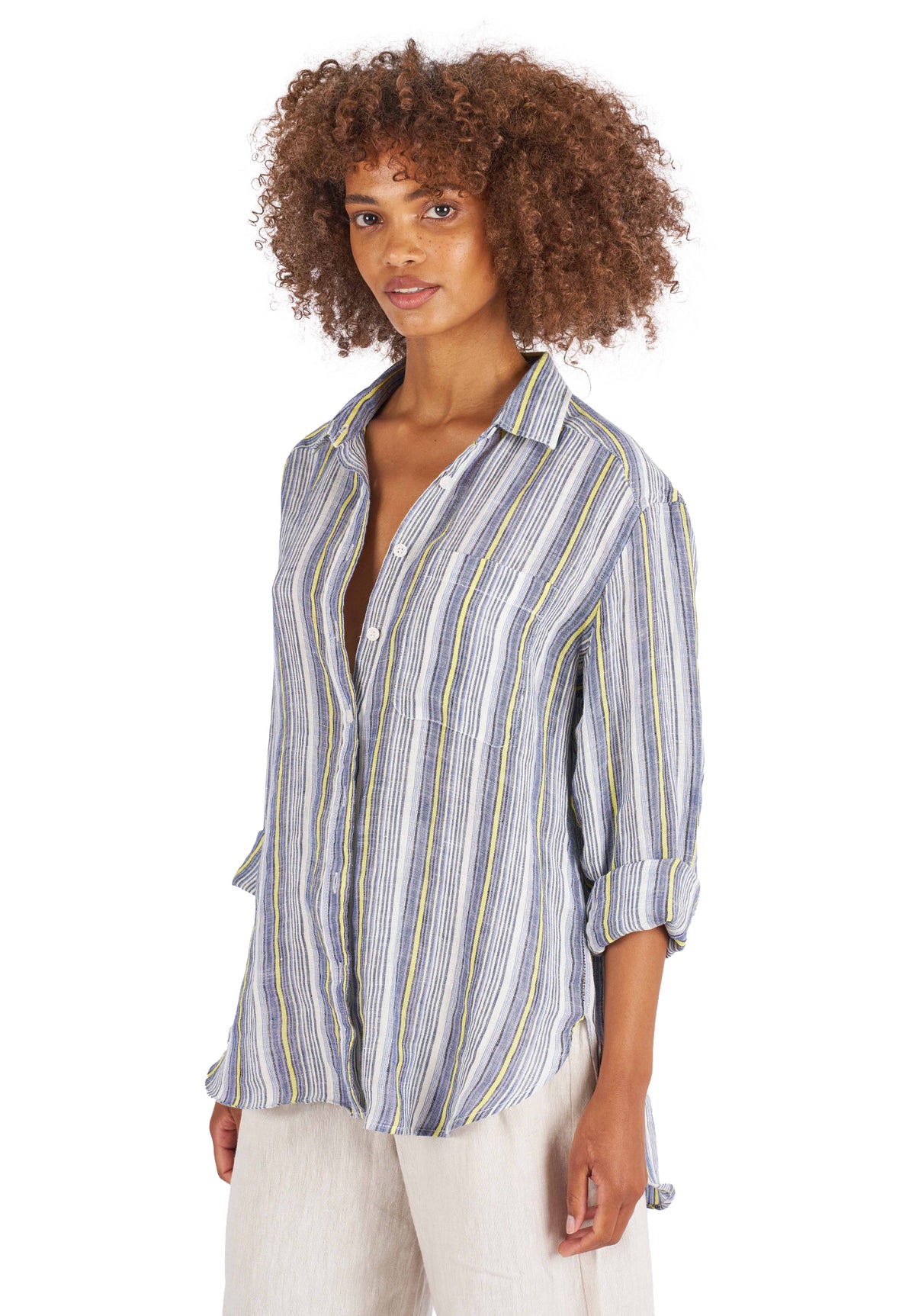 Poppy-Linen Blue Yellow Stripes Oversized Linen Shirt