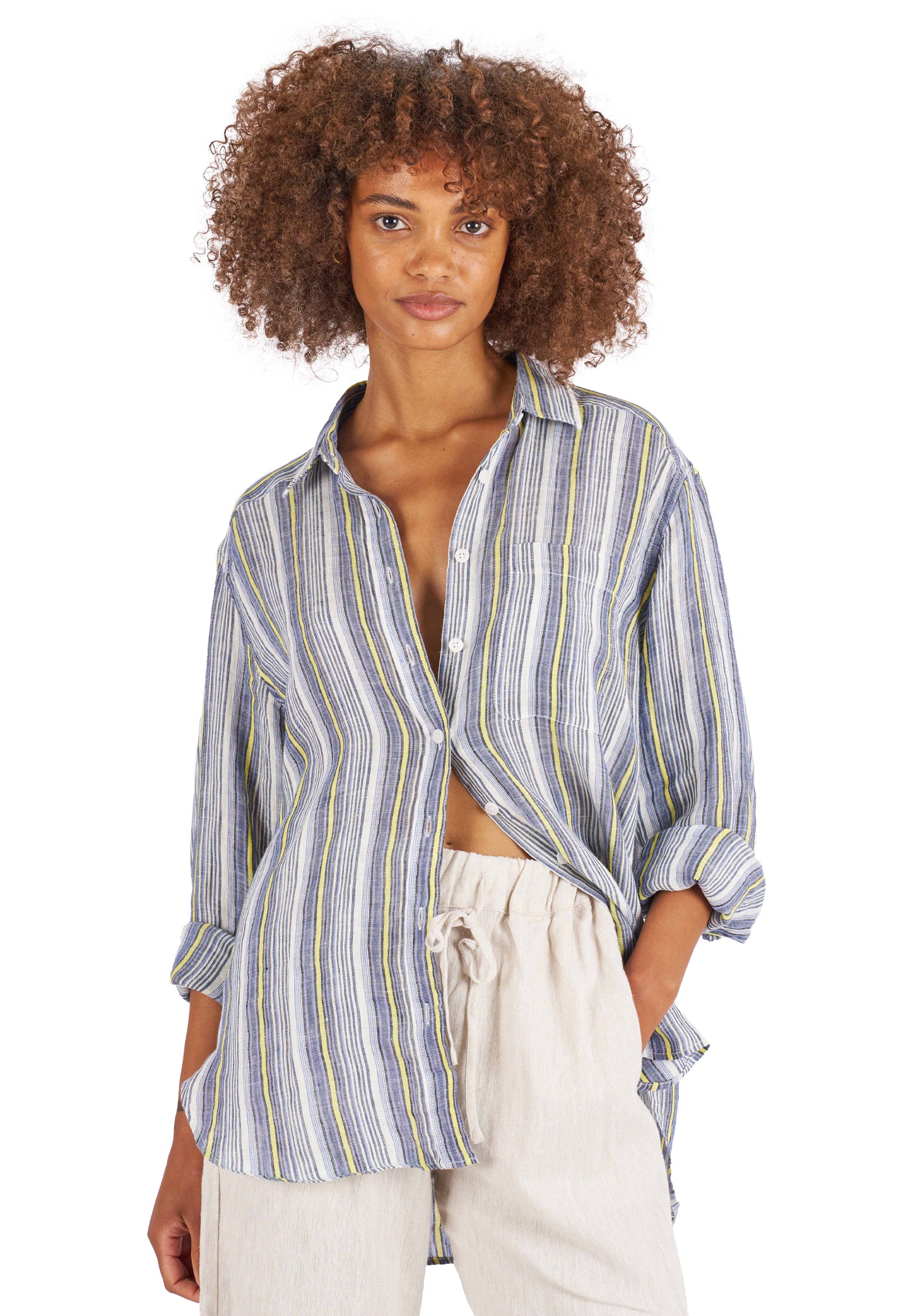 hella／linen stripe shirt Poppy-Linen Blue Yellow Stripes Oversized Linen Shirt – CAMIXA