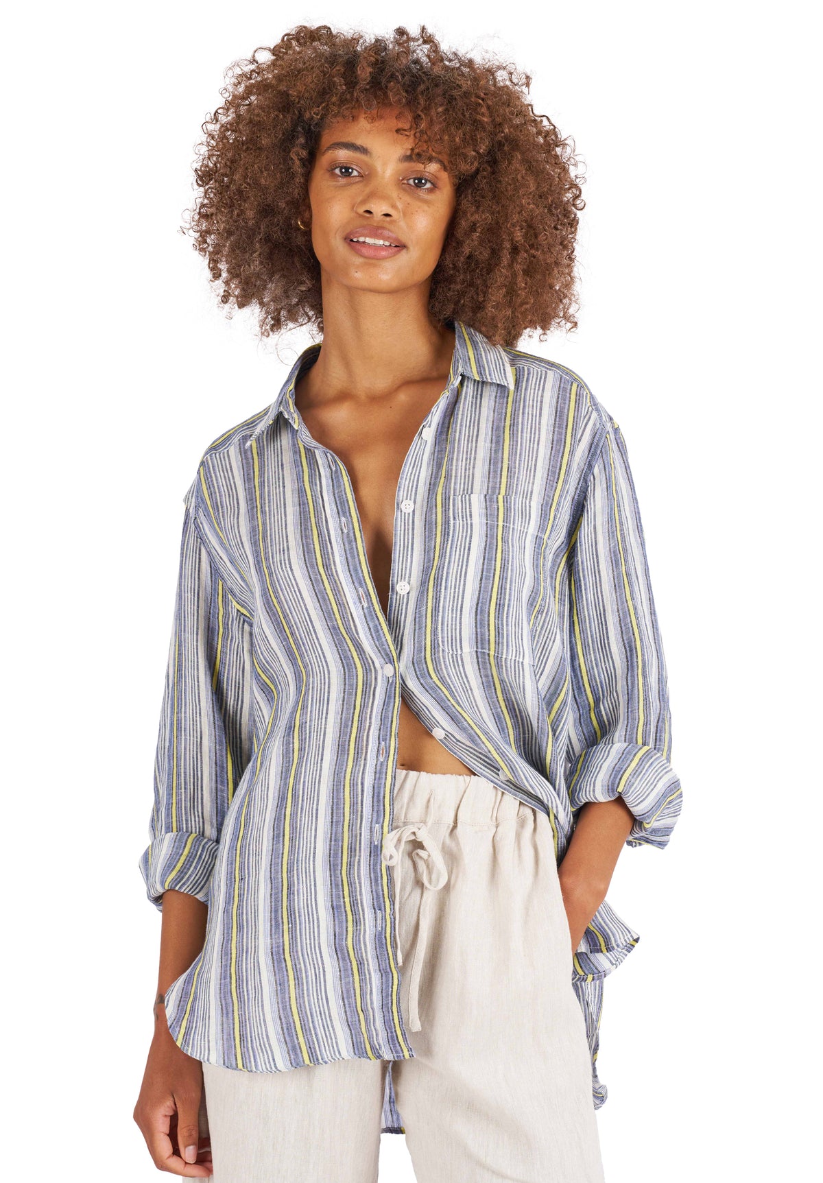 Poppy-Linen Blue Yellow Stripes Oversized Linen Shirt