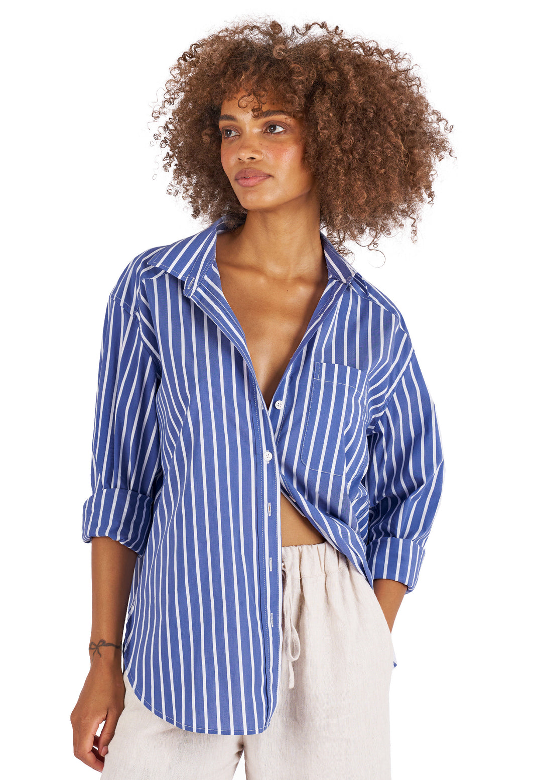 Poppy-Cotton Dark Blue Stripes Oversized Cotton Shirt