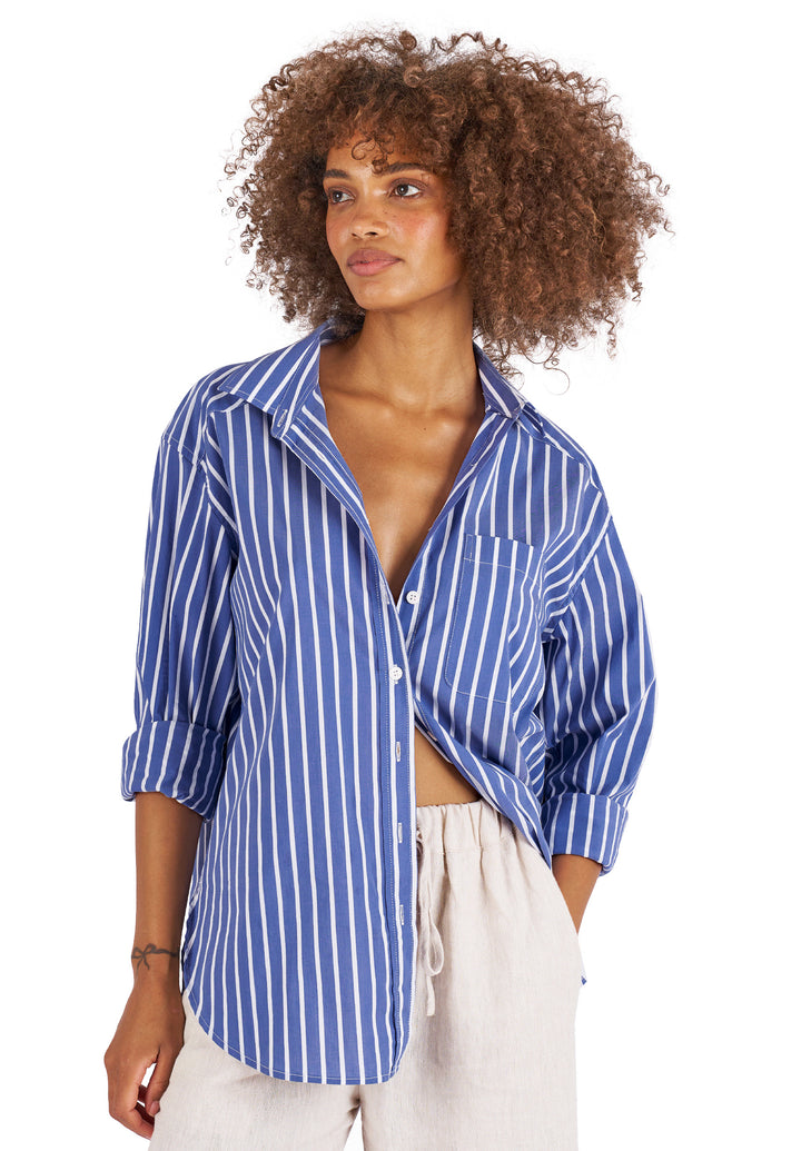 Poppy-Cotton Dark Blue Stripes Oversized Cotton Shirt