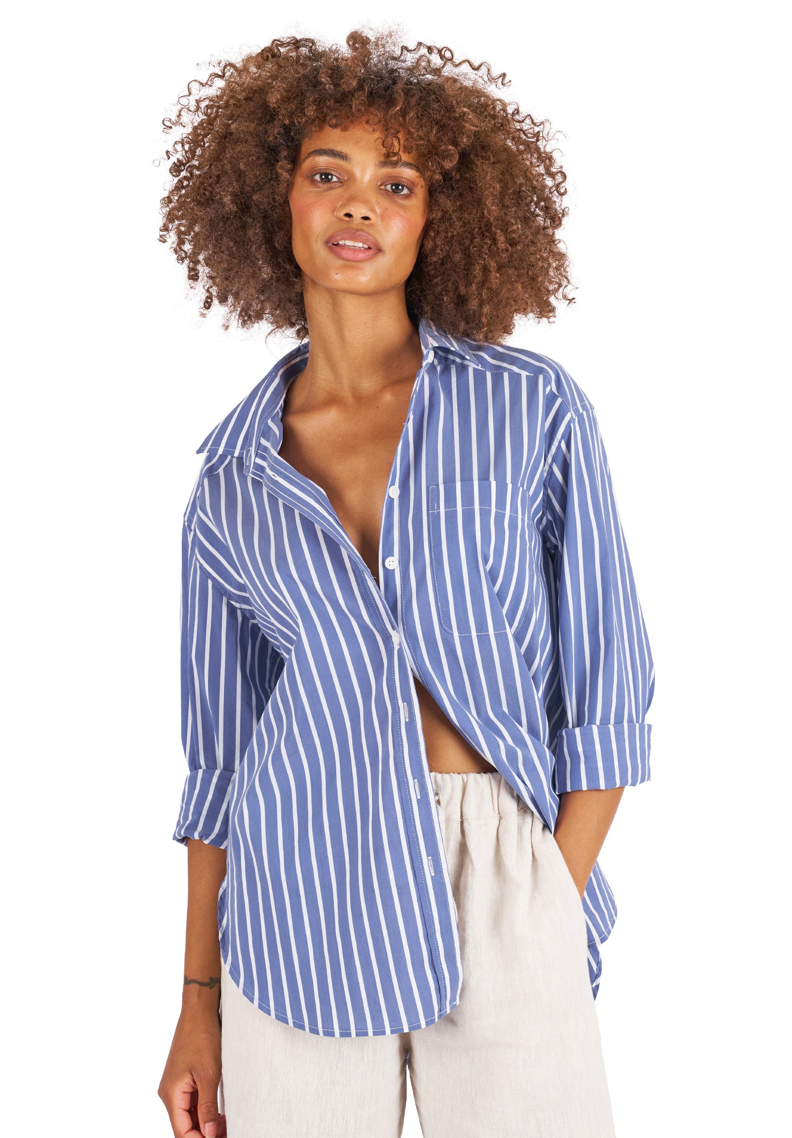 Poppy-Cotton Dark Blue Stripes Oversized Cotton Shirt – CAMIXA