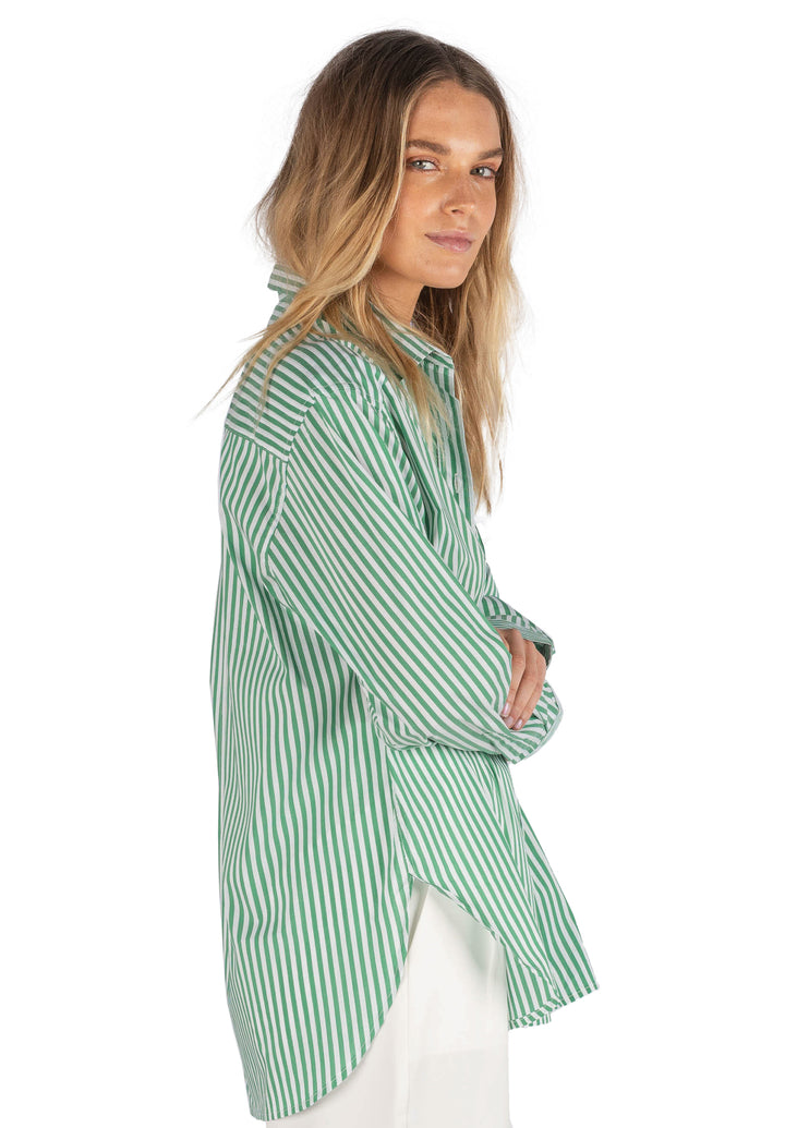 Poppy-Cotton Green Stripes Oversized Cotton Shirt