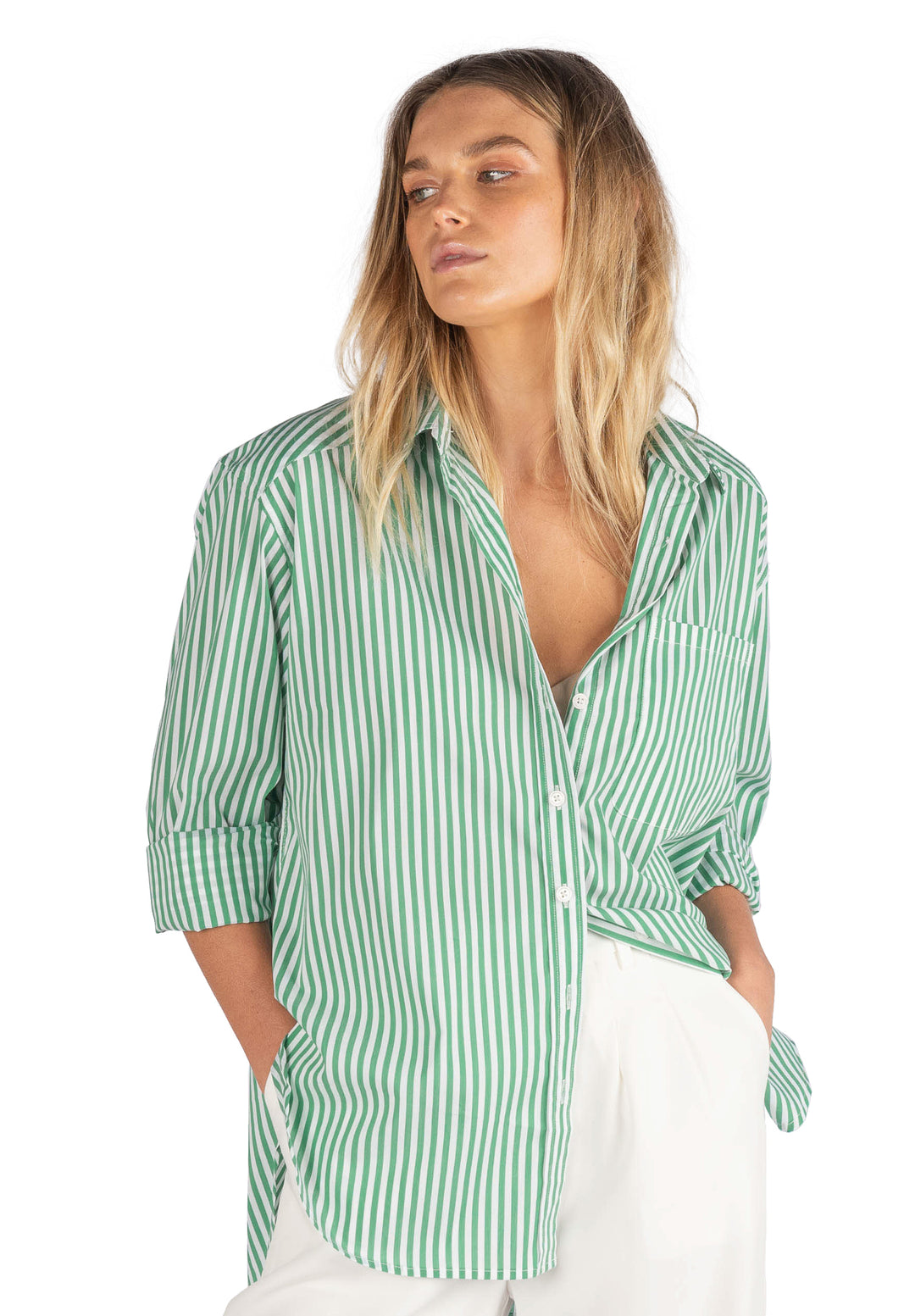Poppy-Cotton Green Stripes Oversized Cotton Shirt