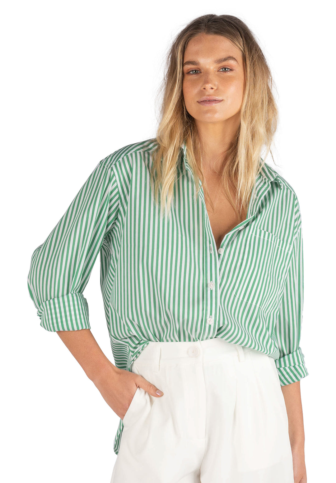 Poppy-Cotton Green Stripes Oversized Cotton Shirt