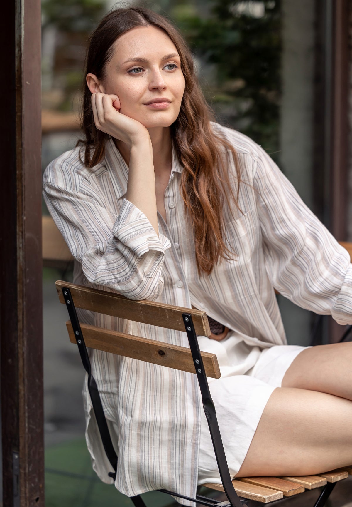 Poppy-Linen Beige Stripes Oversized Linen Shirt
