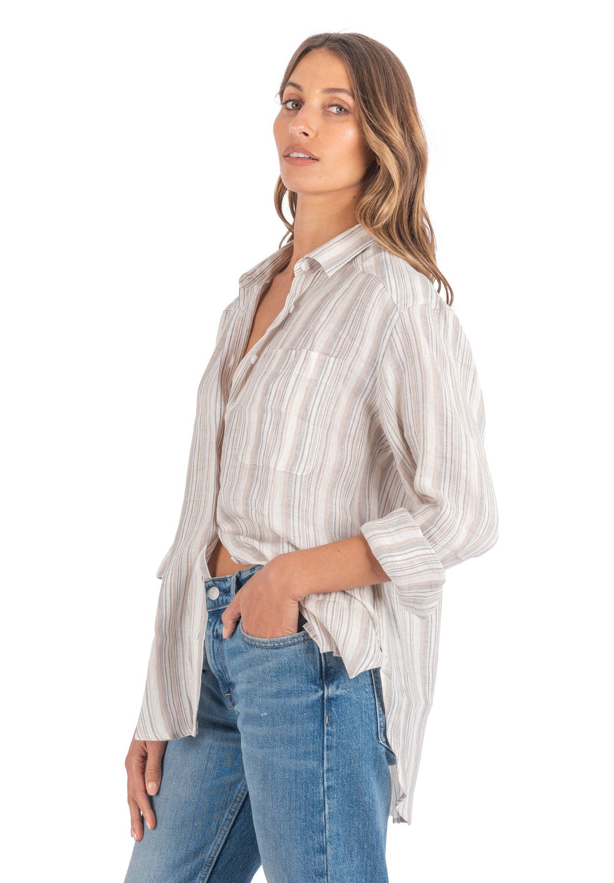 Poppy-Linen Beige Stripes Oversized Linen Shirt – CAMIXA