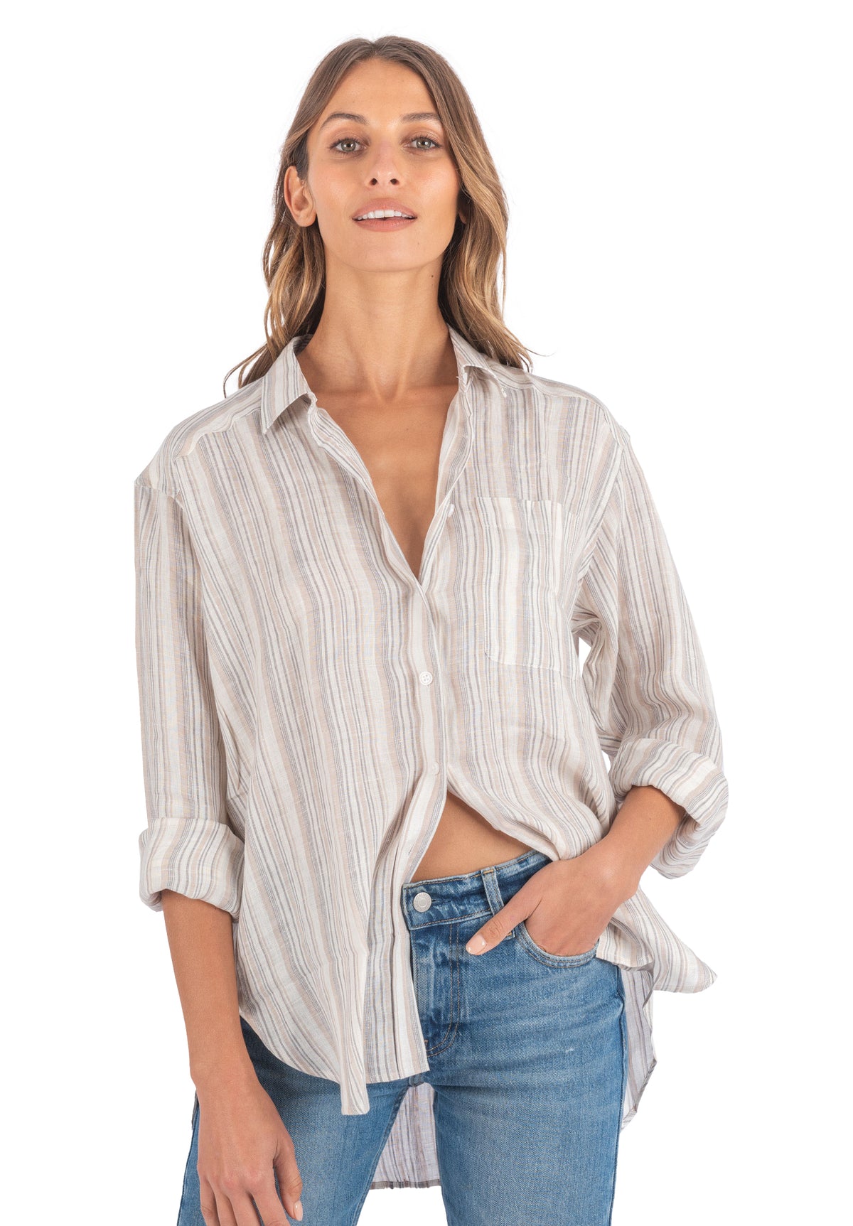 Poppy-Linen Beige Stripes Oversized Linen Shirt