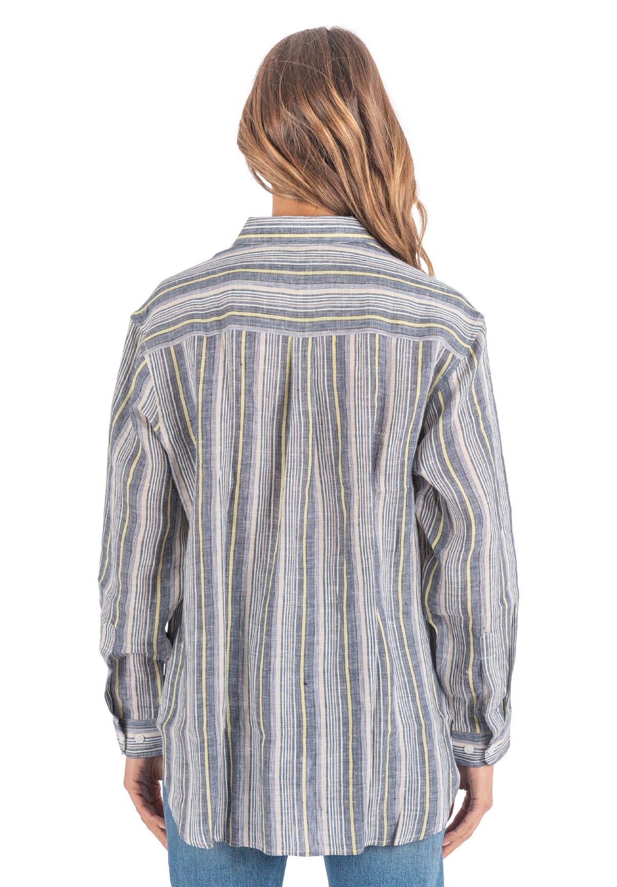 Poppy-Linen Blue Yellow Stripes Oversized Linen Shirt