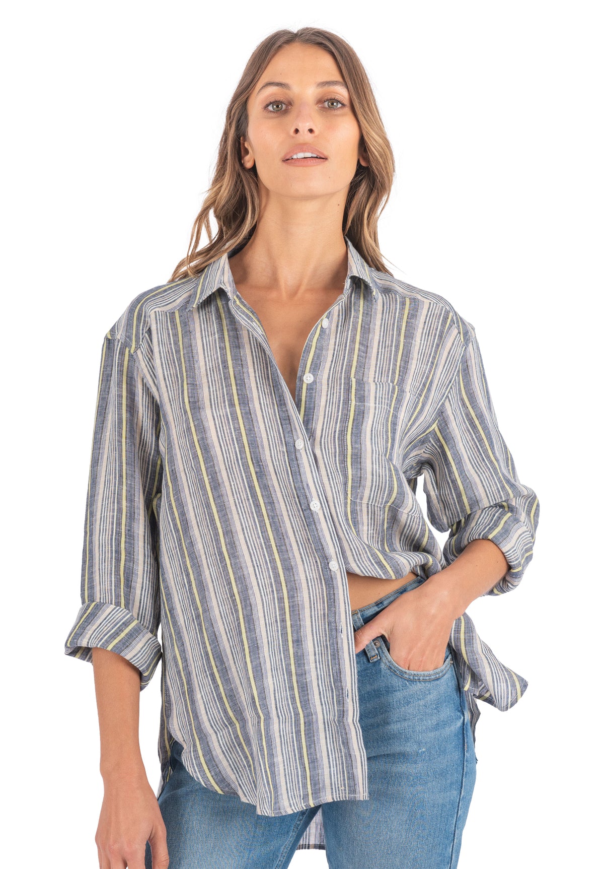 Poppy-Linen Blue Yellow Stripes Oversized Linen Shirt