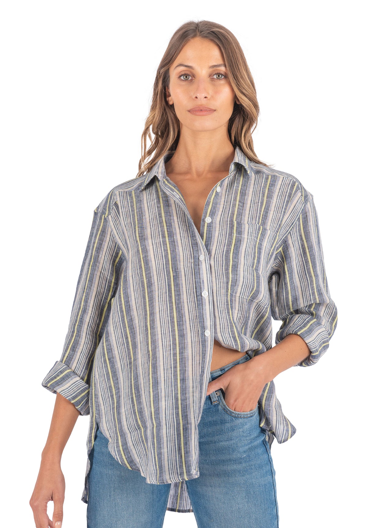 Poppy-Linen Blue Yellow Stripes Oversized Linen Shirt
