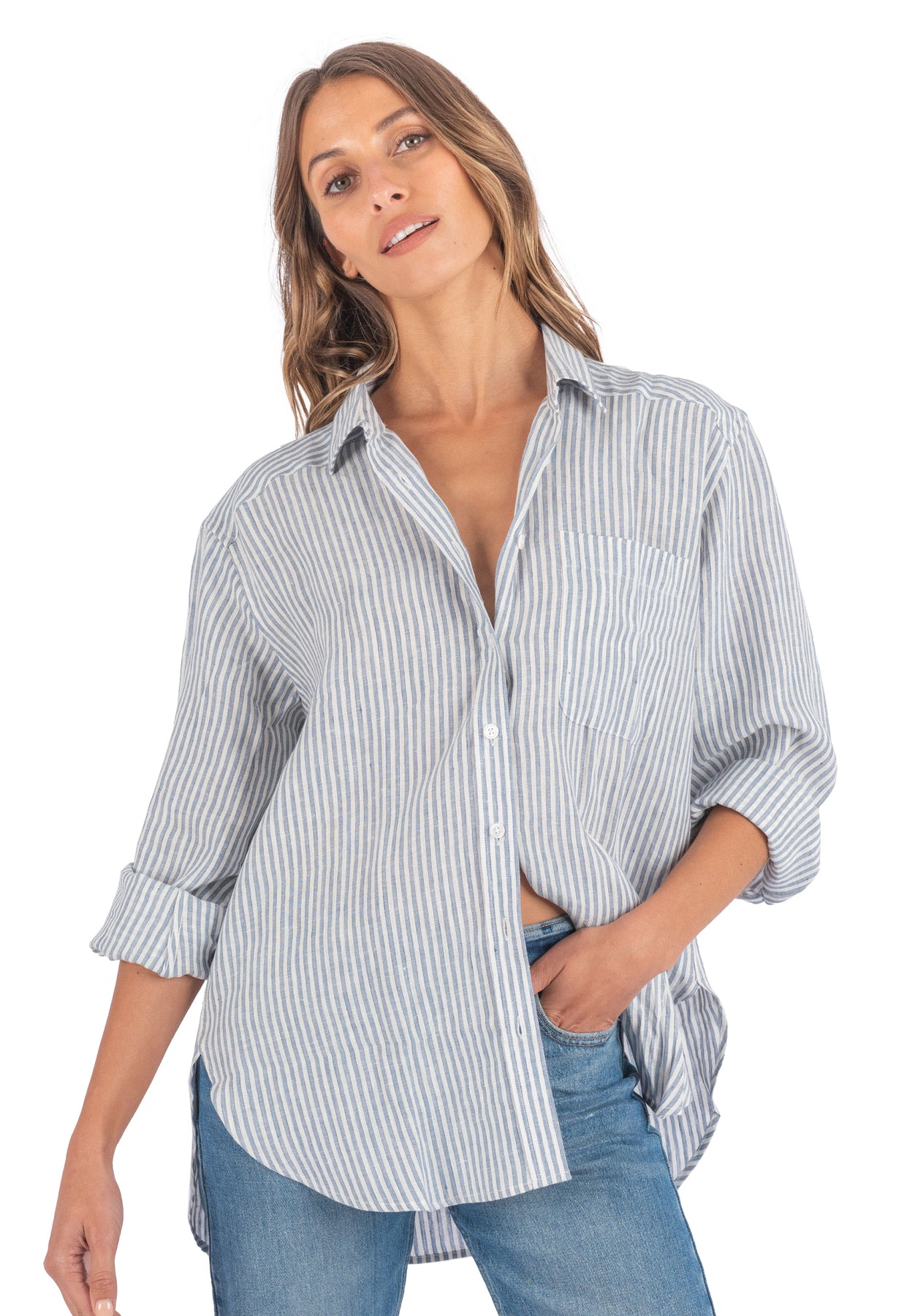 Poppy-Linen Blue Stripes Oversized Linen Shirt – CAMIXA