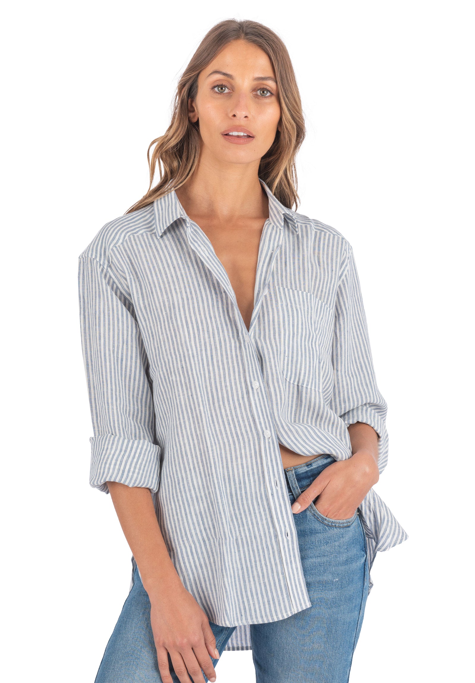 Poppy-Linen Blue Stripes Oversized Linen Shirt – CAMIXA