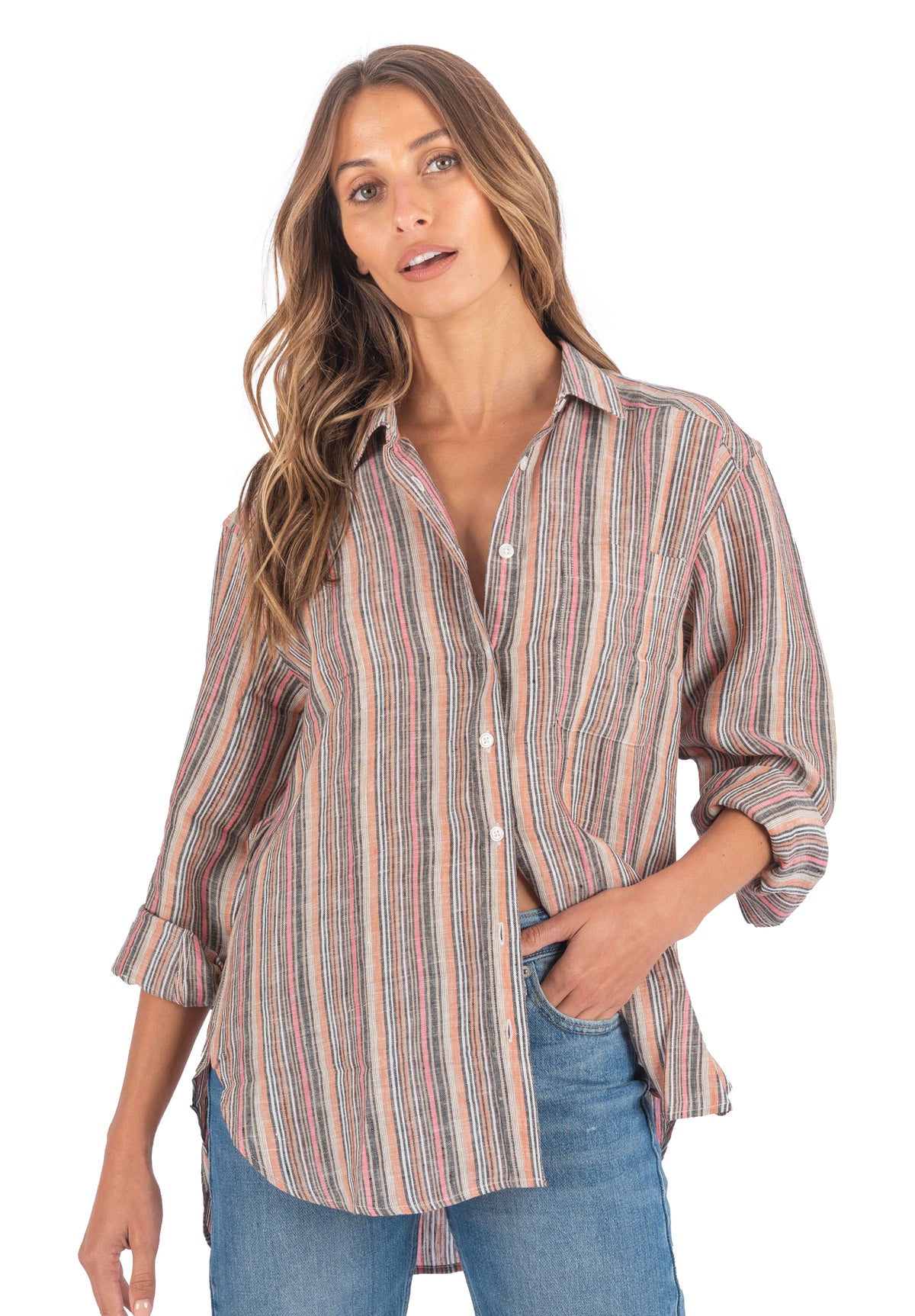 Poppy-Linen Pink Multi Stripes Oversized Linen Shirt