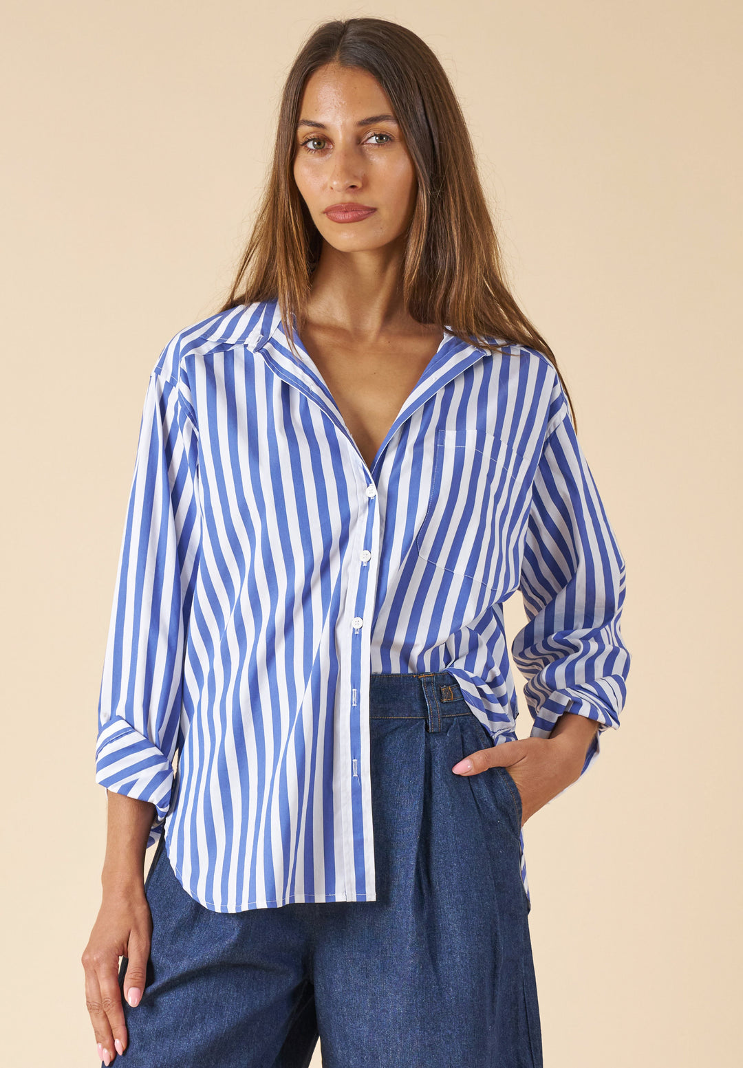 Poppy-Cotton Big Blue Stripes Oversized Cotton Shirt