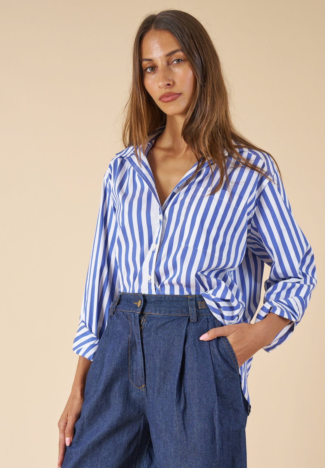 Poppy-Cotton Big Blue Stripes Oversized Cotton Shirt