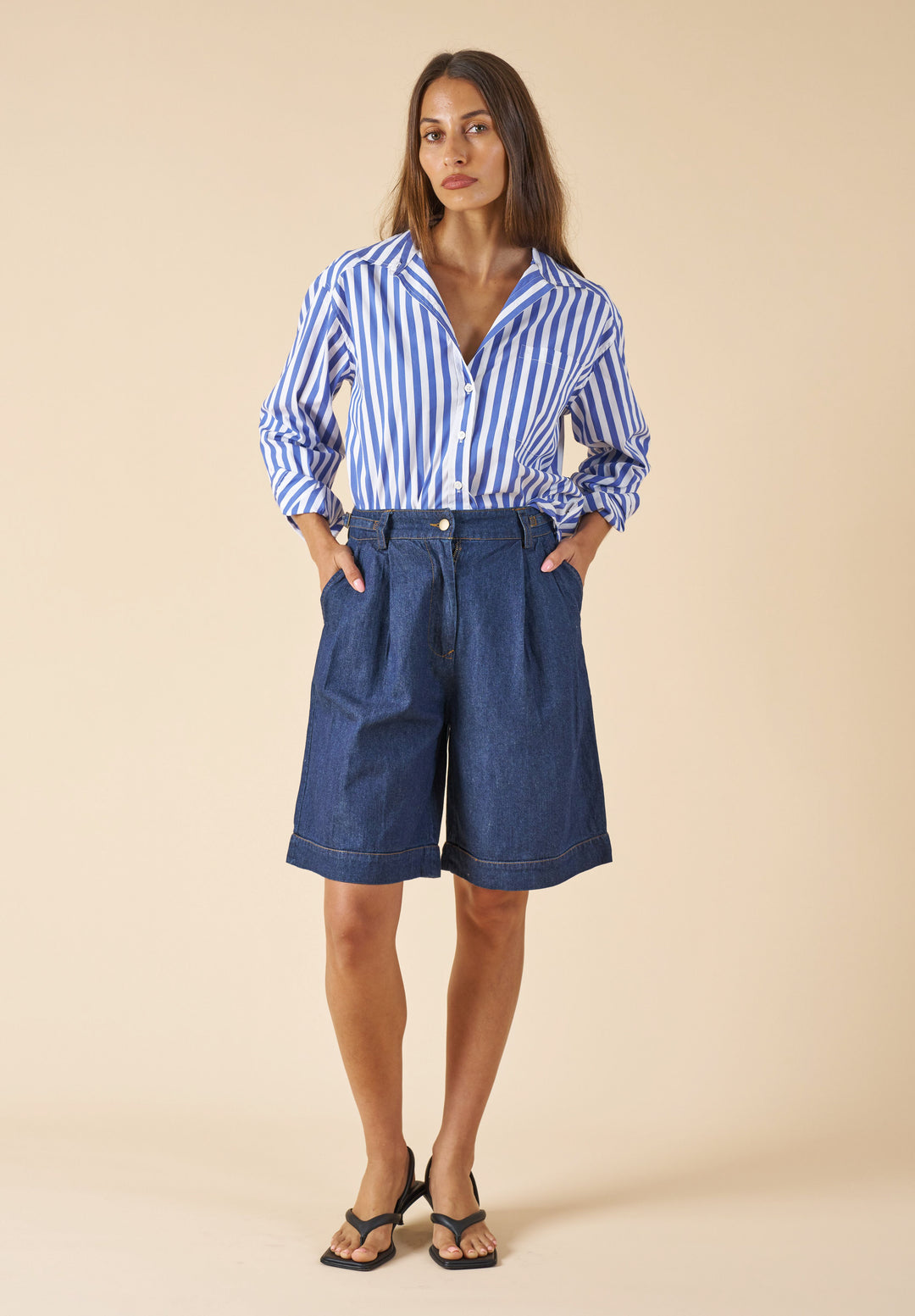Poppy-Cotton Big Blue Stripes Oversized Cotton Shirt