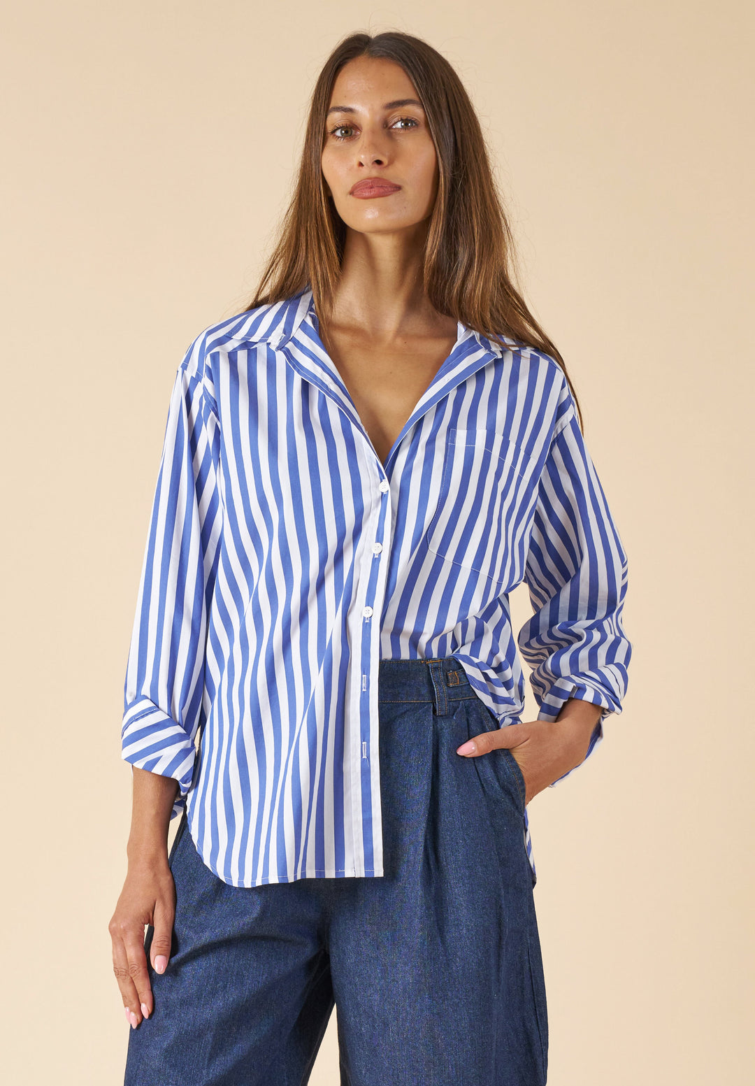 Poppy-Cotton Big Blue Stripes Oversized Cotton Shirt