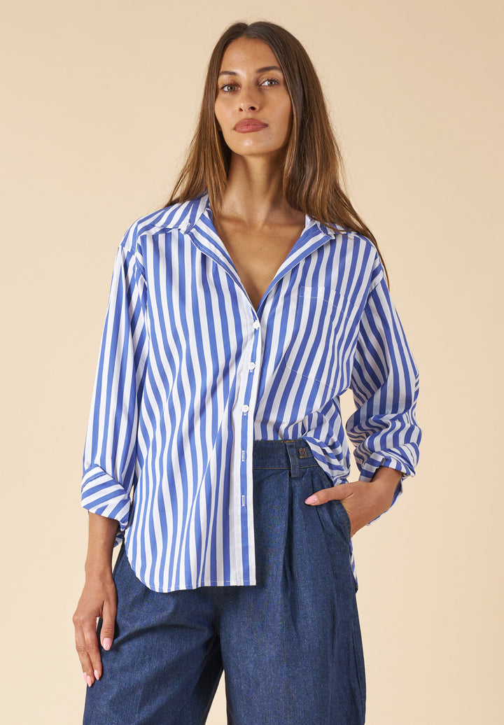 Poppy-Cotton Big Blue Stripes Oversized Cotton Shirt