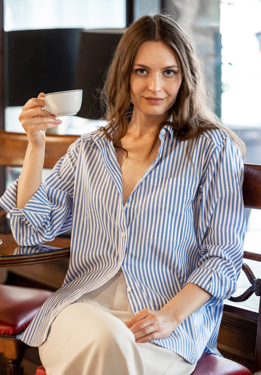 Poppy-Cotton Royal Blue Stripes Oversized Cotton Shirt – CAMIXA