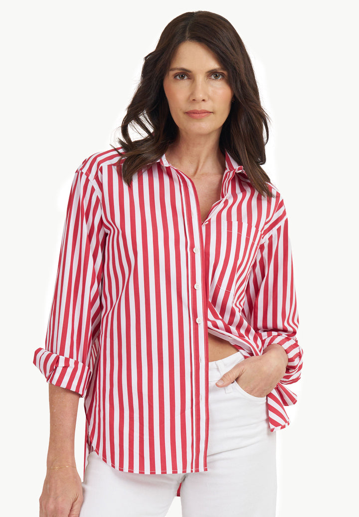 Poppy-Cotton Red Stripes Oversized Cotton Shirt