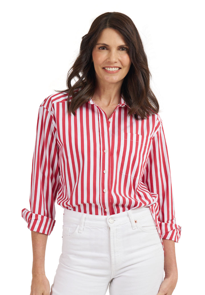 Poppy-Cotton Red Stripes Oversized Cotton Shirt