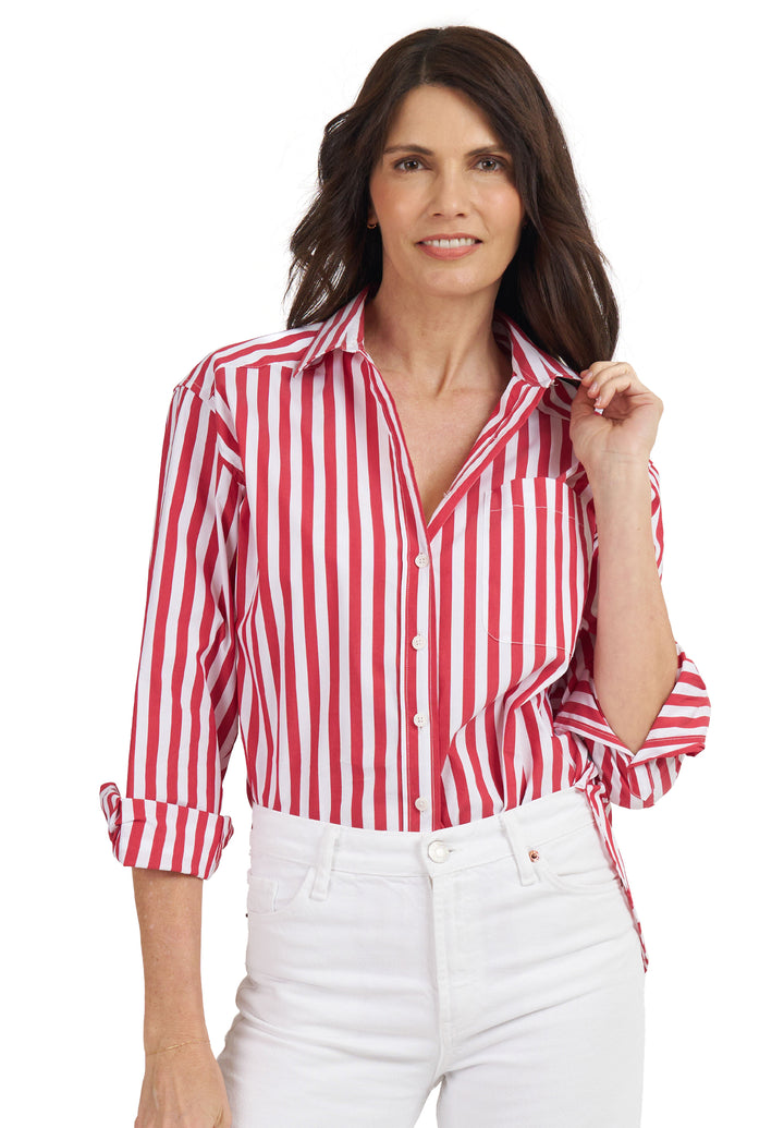 Poppy-Cotton Red Stripes Oversized Cotton Shirt