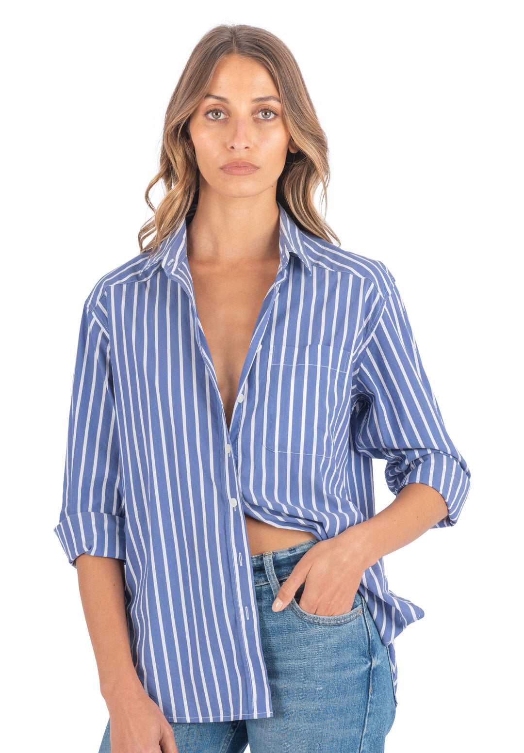 Poppy Stripes Dark Blue Oversize Cotton Shirt