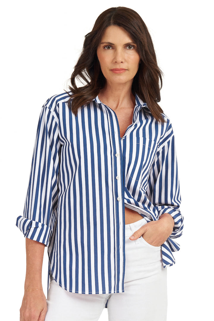 Poppy-Cotton Big Blue Stripes Oversized Cotton Shirt