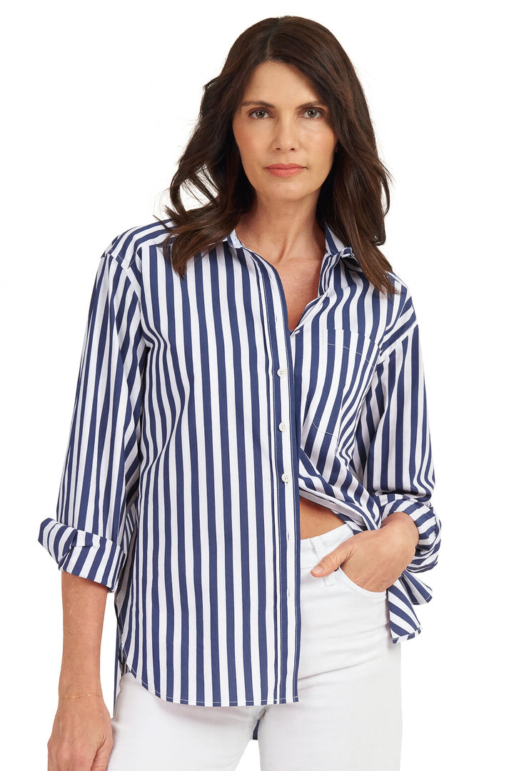 Poppy-Cotton Big Blue Stripes Oversized Cotton Shirt