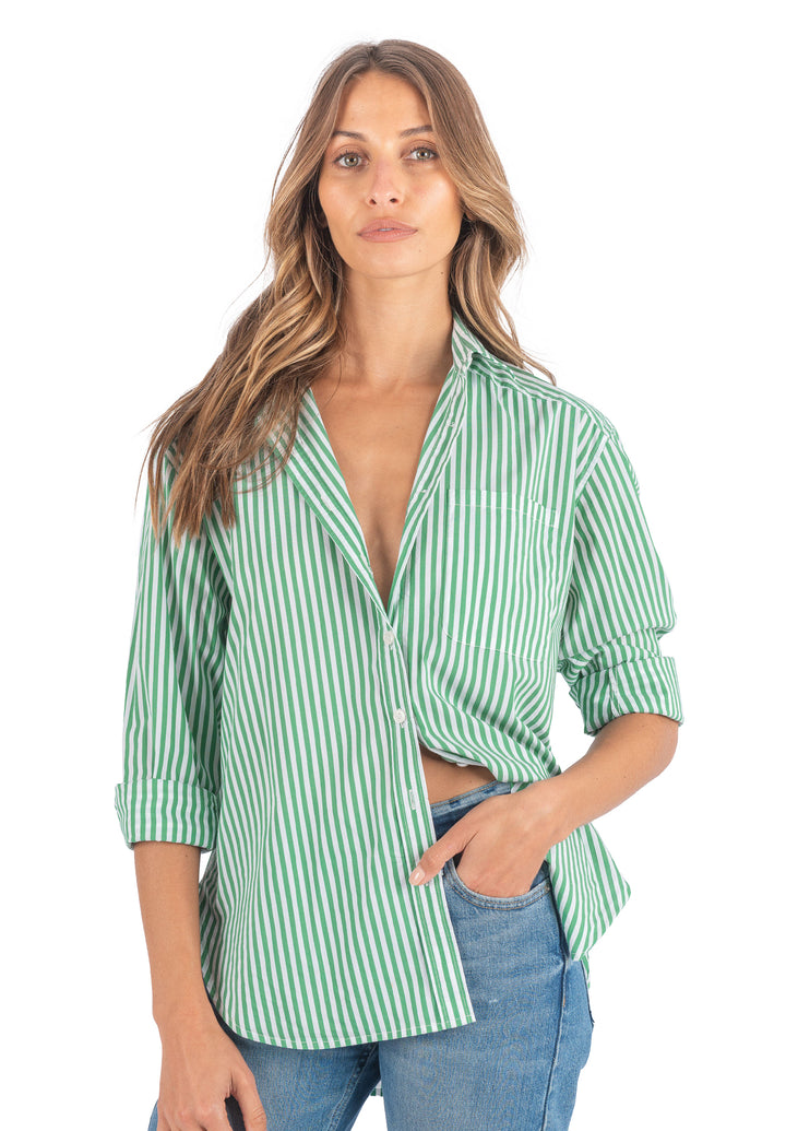 Poppy-Cotton Green Stripes Oversized Cotton Shirt