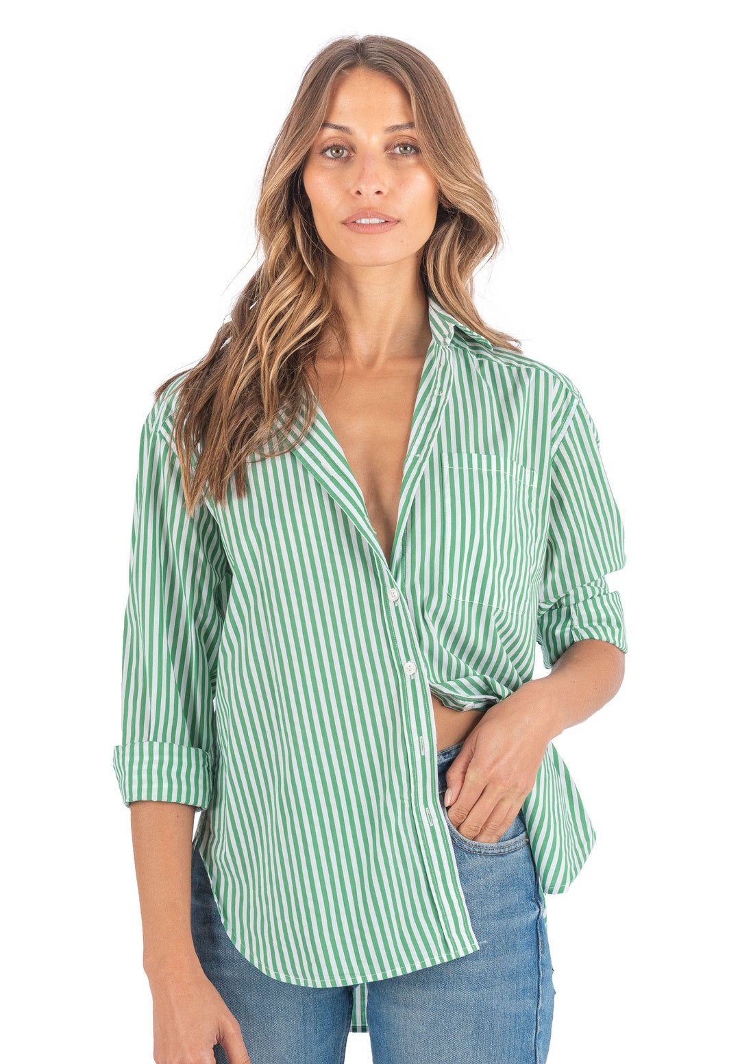 Poppy-Cotton Green Stripes Oversized Cotton Shirt