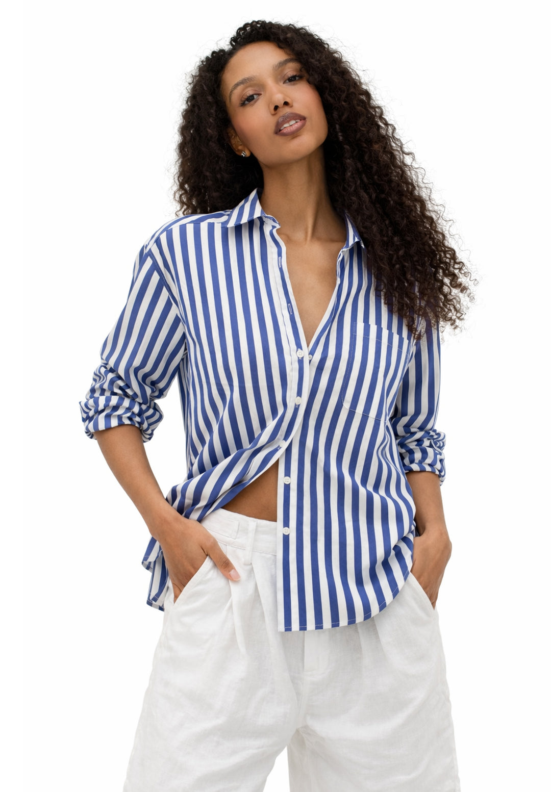 Poppy-Cotton Big Blue Stripes Oversized Cotton Shirt